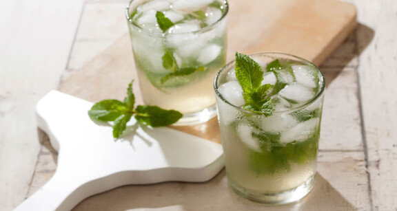 Two glasses of ginger mint green tea cooler