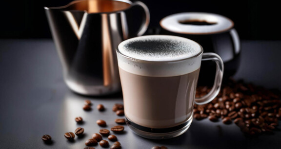 Mug of activated charcoal latte with coffee beans scattered around.