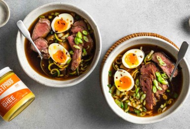 two bowls of keto ramen with toppings