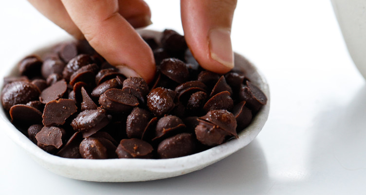 hand reaching for chocolate covered coffee beans