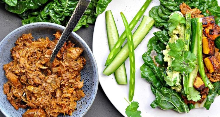 shredded beef next to plate of veggies