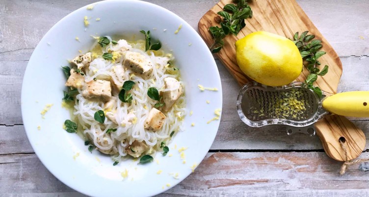 a bowl of low-carb angel hair pasta with lemon chicken