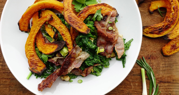 squash, kale, and bacon