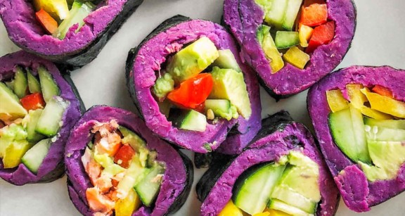 Paleo sushi rolls with purple sweet potato