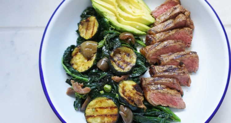 grilled veggies, kale, avocado, and sliced steak