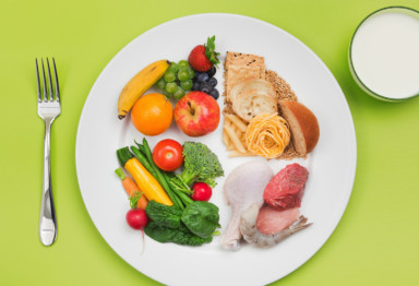 White plate filled with four quadrants of food